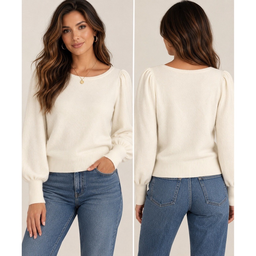Wilfred Aritzia Ivory Wool Cashmere Blend Puff Sleeve Sweater L Quiet Luxury